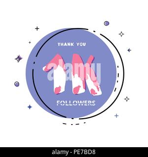 1000 followers carte de remerciement. Célébration 1k abonnés bannière ronde géométrique. Modèle pour les médias sociaux. Vector illustration. Illustration de Vecteur