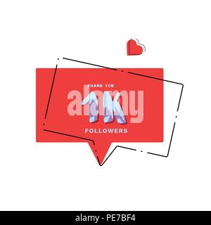 1000 followers carte de remerciement. Célébration 1k abonnés bannière géométrique. Modèle pour les médias sociaux. Vector illustration. Illustration de Vecteur