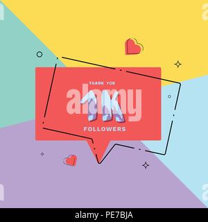 Kfollowers 1carte de remerciement. Célébration 1000 abonnés bannière géométrique. Modèle pour les médias sociaux. Vector illustration. Illustration de Vecteur