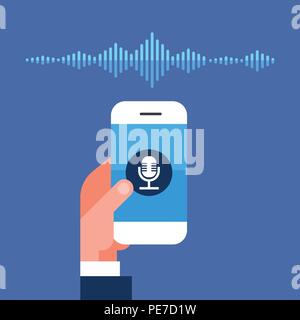 Application téléphone main Personal assistant vocale intelligente des ondes sonores reconnaissance technologie concept smart as le président de l'intelligence artificielle discours télévision Illustration de Vecteur