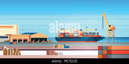 Port de mer industrielles contenant de la logistique du fret aérien fret d'exportation importation eau grue de bord concept de transport livraison expédition plate horizontale Illustration de Vecteur