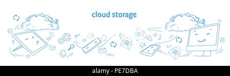La synchronisation en ligne de stockage cloud de données base de données sécurité bannière horizontale doodle croquis concept vector illustration Illustration de Vecteur
