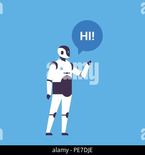 Helper bot chatbot bulle chat Personal assistant robot communication concept intelligence artificielle fond bleu télévision pleine longueur Illustration de Vecteur