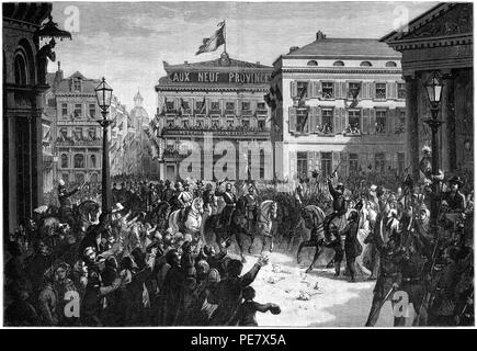 Arrivée de Léopold II devant le théâtre de la Monnaie le jour de son avènement le 17 décembre 1865 - Smeeton. Banque D'Images