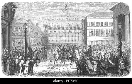 Arrivée de Léopold II devant le théâtre de la Monnaie le jour de son avènement le 17 décembre 1865 - Verdyen - Tige. Banque D'Images