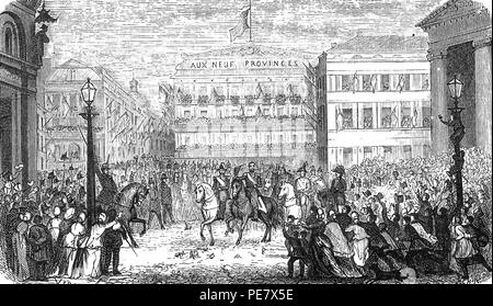 Arrivée de Léopold II devant le théâtre de la Monnaie le jour de son avènement le 17 décembre 1865 - Verdyen. Banque D'Images