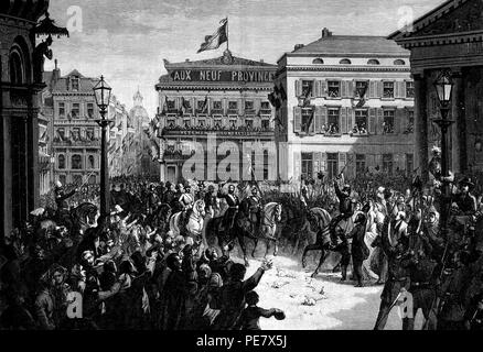 Arrivée de Léopold II devant le théâtre de la Monnaie le jour de son avènement le 17 décembre 1865. Banque D'Images