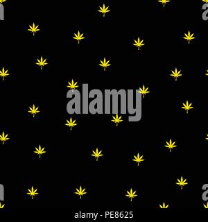 Golden Leaf pattern transparente de la marijuana. Cannabis stupéfiants dessinés à la main, fond noir. Illustration vecteur de chanvre en toile de fond. Illustration de Vecteur
