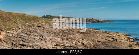 La côte de Northumberland paysage panoramique de l'AONB, Cullernose Point et Château de Dunstanburgh de Howick en été sous un ciel bleu clair Banque D'Images