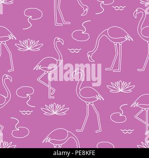 Modèle sans couture avec Flamingo, les fleurs et les feuilles des nénuphars. Conception pour poster ou imprimer. Illustration de Vecteur
