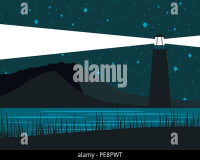 Phare brillant sur fond de ciel étoilé. La nuit bord de la mer. Vector illustration Illustration de Vecteur