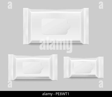 Ensemble de serviettes lingettes humides isolées modèle. Lingettes humides blanc paquet vide. Vector illustration Illustration de Vecteur