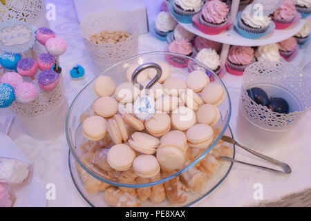 Glass cake stand avec de délicieux macarons français pastel, petites meringues rose et profiteroles, entouré de plein de plaques cake pops et cupcakes Banque D'Images