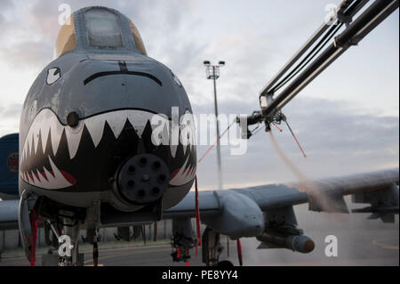 Estonian Air force responsables travaillent ensemble à dégivrer un corps expéditionnaire du 74e Escadron de chasse A-10 Thunderbolt II Aéronefs d'attaque sur la piste à la base aérienne d'Amari, l'Estonie, le 8 oct., 2015. Dégivrage des aéronefs est un processus dans lequel des solutions liquides sont pulvérisés dans un aéronef à la fois décongeler et prévenir les précipitations futures du gel. (U.S. Air Force photo par Andrea Jenkins/libérés) Banque D'Images