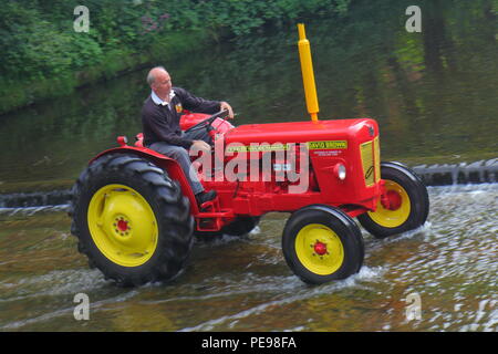 Un tracteur David Brown traverse la rivière Skell avec autres tracteurs comme ils rouler dans le centre-ville de Ripon de Newby Hall Festival du tracteur Banque D'Images