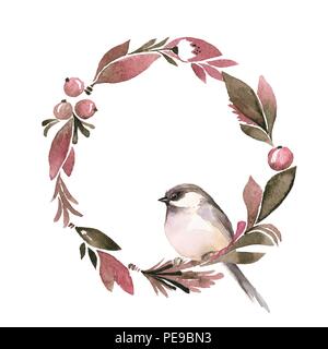 Couronne de fleurs à l'aquarelle. L'élément dessiné à la main pour la conception. Forme arrondie avec bird Banque D'Images
