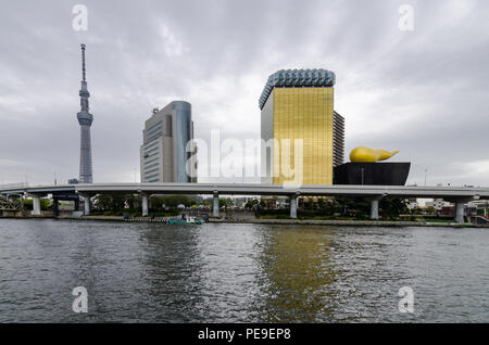 Bâtiments emblématiques comme vu de parc Sumida, à travers la rivière Sumida. Ces capacités sont des AC et Asahi Tower, Quartier Sumida, Tokyo Skytree et bureau. Banque D'Images