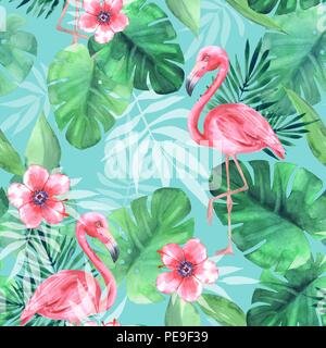 Motif tropical transparente avec des flamants roses. Illustration à l'aquarelle Banque D'Images