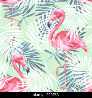 Motif transparent tropical avec des flamants roses et de feuilles de palmier. Illustration à l'aquarelle Banque D'Images