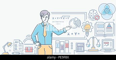 Leçon d'Algèbre - ligne colorée de style design illustration sur fond blanc. Une composition avec un enseignant debout à la Commission, dans les formules Illustration de Vecteur