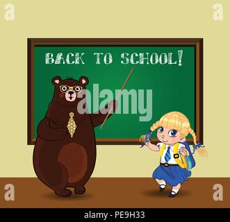 Back to school vector illustration with cute cartoon bear teacher wearing glasses and tie holding pointer and kawaii schoolgirl in uniform near blackb Illustration de Vecteur