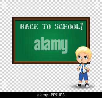 Cute blonde school garçon aux grands yeux verts animes en uniforme avec sac à dos, debout près de tableau noir avec une craie inscription retour à l'école et de copie Illustration de Vecteur