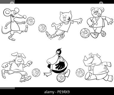 Dessin animé en noir et blanc Illustrations de football ou soccer Player Animaux Personnages avec boules Coloriage Illustration de Vecteur