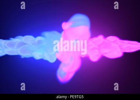 Collision de deux couleurs néon violet et cyan fume en rétro disco. Le rendu 3D Illustration design futuriste de l'explosion de couleurs. Résumé d'encre brillant sur fond sombre. Banque D'Images