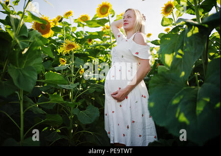 Blonde mère enceinte en champ de tournesols. Heureux moments de la grossesse. Banque D'Images