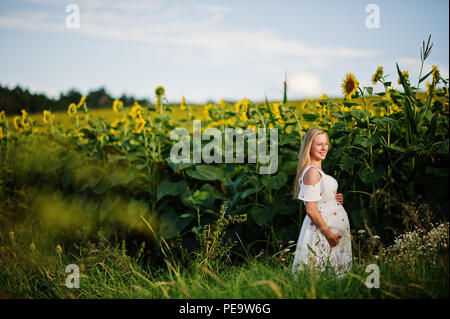 Blonde mère enceinte en champ de tournesols. Heureux moments de la grossesse. Banque D'Images