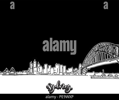 Dessin vectoriel de Sydney skyline, contour. Australia Travel monument. Couvercle noir et blanc et l'arrière-plan concept. Illustration de Vecteur