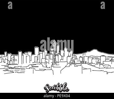 Seattle skyline, contour. Dessin vectoriel de Skyline, contours, USA. Concept illustration noir et blanc. Illustration de Vecteur