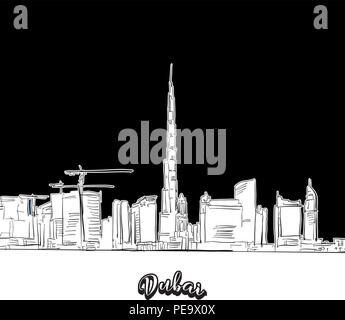 Dubai skyline, contour. Dessin vectoriel de Skyline, contours, Émirats arabes Emitates. Concept illustration noir et blanc. Illustration de Vecteur