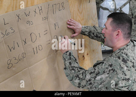 151118-N-SD965-085 ROTA, ESPAGNE (nov. 18, 2015) Opérateur de l'équipement 1re classe Michael Yondolino, affectés à la construction navale (bataillon Mobile NMCB) 1, explique le centre de l'équilibre de la formule Seabees junior au Camp Mitchell sur la base navale de Rota, Espagne, le 18 novembre 2015. États-unis 6e Flotte, basée à Naples, Italie, effectue l'ensemble des opérations navales et mixte, souvent de concert avec ses alliés, le joint, et inter-organismes partenaires, afin de faire progresser les intérêts nationaux américains et la sécurité et la stabilité en Europe et l'Afrique. (U.S. Photo par marine Spécialiste de la communication de masse 1re classe Branno Banque D'Images