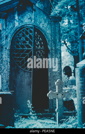 Ouvrir légèrement la porte en fer de l'ancienne crypte dans le cimetière la nuit. Le concept de l'Halloween et la mort. Moody libre. Banque D'Images
