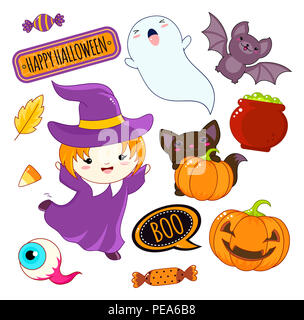 Jeu de caractères d'Halloween cute et ornements - jeune fille dans un costume de sorcière, fantôme, chat noir, mauvais œil, chauve-souris, citrouille, pot de potion, bonbons, autocollant avec Banque D'Images