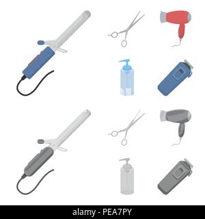 Sèche-cheveux, d'un sèche-cheveux, lotion, ciseaux. Coiffure set icônes de la collection cartoon style monochrome,symbole vecteur illustration de stock . Illustration de Vecteur