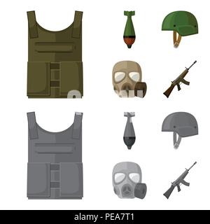 Gilet pare-balles, mine, casque, masque à gaz. Ensemble de l'armée militaire et icônes de la collection cartoon style monochrome,symbole vecteur illustration de stock . Illustration de Vecteur