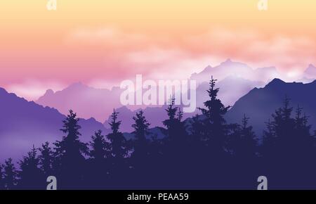 Paysage de montagne avec des forêts, des nuages et du brouillard entre collines, sous ciel jaune violet avec dawn - vector Illustration de Vecteur