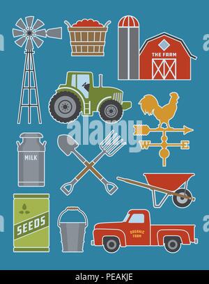 Ensemble de 11 illustrations détaillées sur l'icône de la ferme. Très détaillé et réaliste d'ossature des illustrations d'outils agricoles, bâtiments et véhicules. Illustration de Vecteur