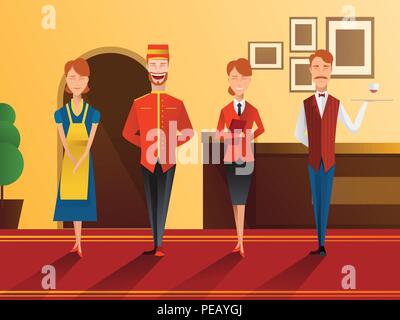 Le personnel de l'hôtel de caractère gradient télévision composition avec réceptionniste, serveur, portier et maid vector illustration Illustration de Vecteur