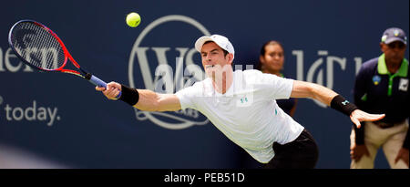 Mason, Ohio, USA. 13 août 2018 : Andy Murray (GBR) frappe la balle à Lucas Pouille (FRA) à la région du sud-ouest de l'ouvrir à Brent Clark/Alamy Live News Banque D'Images