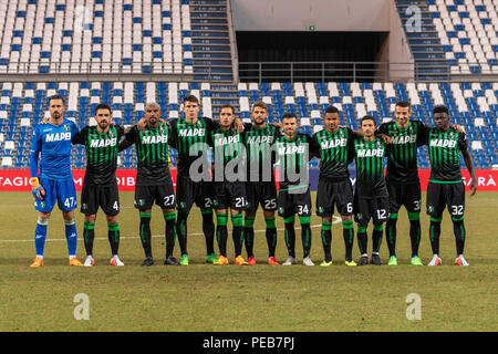 Andrea Consigli, Francesco Magnanelli, Kevin Prince Boateng, Giangiacomo Magnani, Pol Mikel Lirola Kosok, Domenico Berardi, Federico Di Francesco, Rogerio Oliveira da Silva, Stefano Sensi, Gian Marco Ferrari, Joseph Alfred Duncan, de l'équipe (Sassuolo) ; le 13 août ; 2018 - 2018 Football : Championnat d'Italie, 2019 ; Troisième tour Italie Cup ; match final entre Sassuolo Ternana 5-1 Stade Mapei à Reggio Emilia, Italie ;. ; ;( photo par aicfoto)(Italie) [0855] Banque D'Images