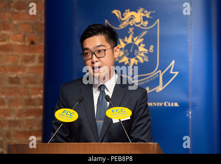 Hong Kong, Hong Kong. Août 14, 2018. Chef de l'être bientôt interdit Parti National de Hong Kong, Andy Chan Ho-Tin parle à l'Club des correspondants étrangers dans le centre de Hong Kong. Les manifestants de l'indépendance pro camp et le camp d'Pro-Beijing les rues à l'extérieur du club. Credit : Jayne Russell/ZUMA/Alamy Fil Live News Banque D'Images