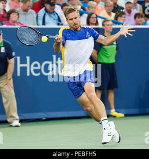 Mason, Ohio, USA. 14 août 2018 : Peter Gojowczyc (GER) renvoie la balle à Roger Federer (SUI) à la région du sud-ouest de l'ouvrir à Mason, Ohio, USA. Brent Clark/Alamy Live News Banque D'Images