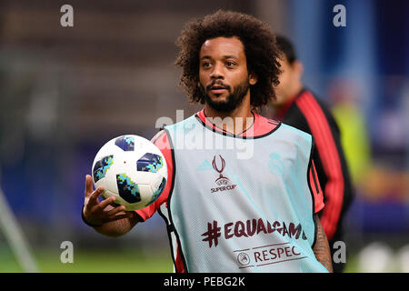 Tallinn, Estonie. Août 14, 2018. Le Real Madrid Marcelo Vieira participe à une séance de formation à l'Lillekula Statium à Tallinn, Estonie, 14 août 2018. La Super Coupe de l'UEFA match entre le Real Madrid et l'Atletico Madrid aura lieu le 15 août à Lillekula Statium à Tallinn, Estonie. Crédit : Sergei Stepanov/Xinhua/Alamy Live News Banque D'Images