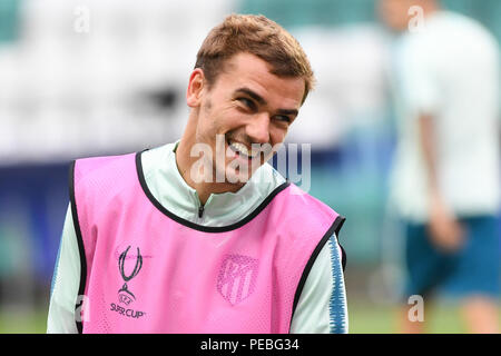 Tallinn, Estonie. Août 14, 2018. Antoine Griezmann de l'Atletico Madrid assiste à une séance de formation au stade de Lillekula Tallinn, Estonie, 14 août 2018. La Super Coupe de l'UEFA match entre le Real Madrid et l'Atletico Madrid aura lieu ici le 15 août. Photo : Xinhua Crédit/Sergei Stepanov/Xinhua/Alamy Live News Banque D'Images