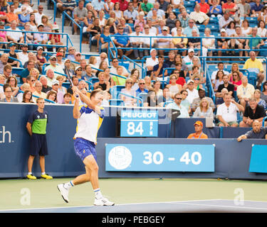 Mason, Ohio, USA. 14 août 2018 : Peter Gojowczyc (GER) renvoie la balle à Roger Federer (SUI) à la région du sud-ouest de l'ouvrir à Mason, Ohio, USA. Brent Clark/Alamy Live News Banque D'Images