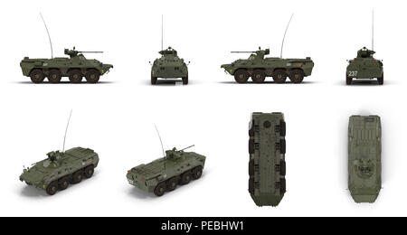 BTR-80 véhicule blindé à roues de transport de troupe rend défini à partir d'angles différents sur un blanc. 3D illustration Banque D'Images