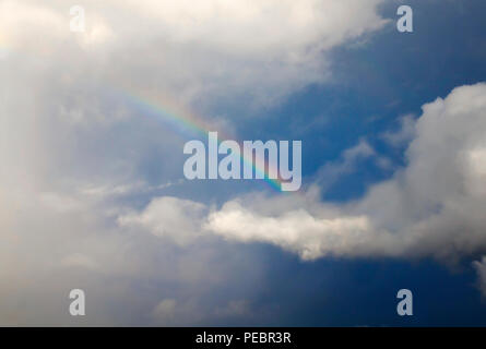 Dans le milieu naturel avec un arc-en-ciel multicolores lumineux entre les nuages blancs moelleux contre un ciel bleu après la pluie en été Banque D'Images